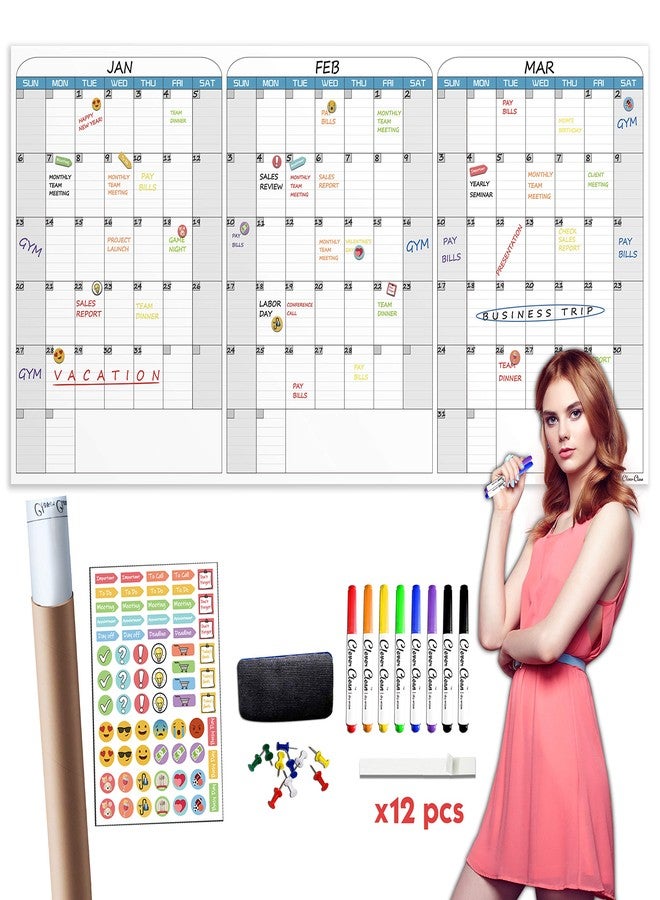 CLEVER CLEAN Large Dry Erase Wall Calendar - 36"x72" Undated 3-Month Calendar for Home, School, Office Projects - Jumbo Reusable Task Organizer - Image 1